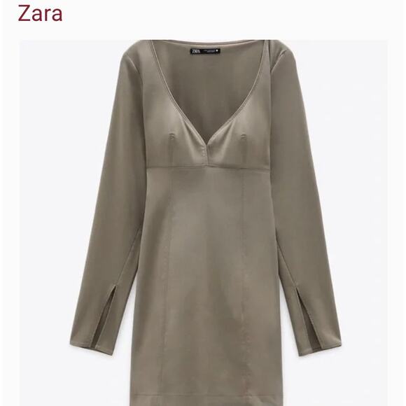 Zara Womens Sweetheart Neckline A-Line Mini Dress Size M Long Sleeve With Slit - Picture 2 of 10
